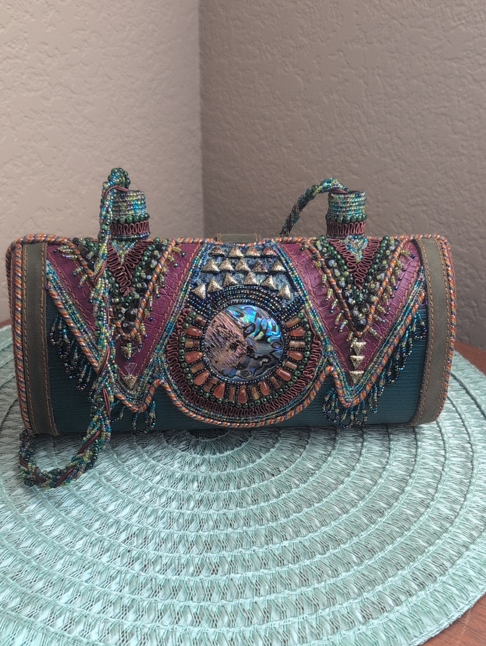 Vintage Mary Frances Mother Of Pearl Cylinder Leather Beaded Shoulder Bag